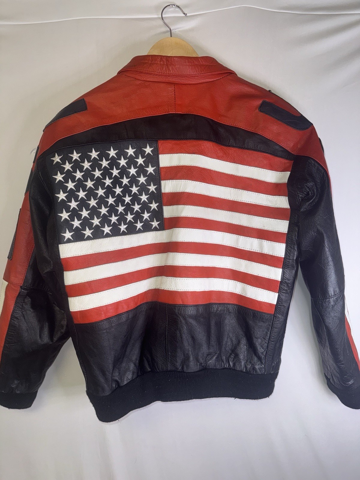 Vintage 90s Leather Bomber Jacket USA Flag Black Red Men’s Large Patriotic Moto
