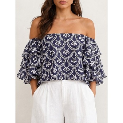 Caroline Constas Women's Blouse Size Medium Navy Silk Embroidered Ruffled Top