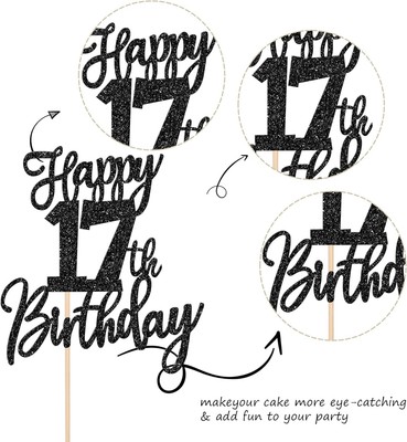 Glitter Black Gold Happy 17th Birthday Cake Topper – Double-Sided, Food-Safe, For Cakes & Cupcakes