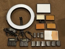 Lot of battery powered LED video lights including high capacity batteries