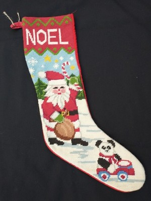 Christmas Stocking Needlepoint Noel Santa Panda Velvet Backing