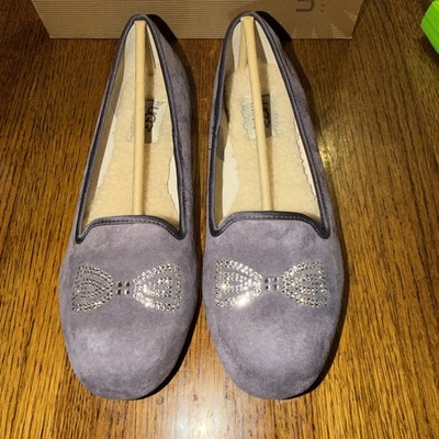 New UGG Alloway Swarovski Crystal Bow Lavender Suede Ballet Flats Size 8