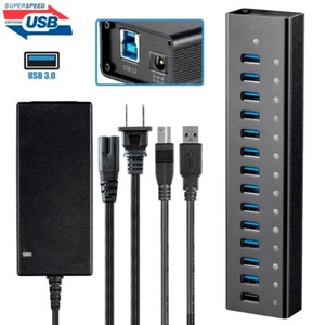 13 Port USB 3.0 Hub 5Gbps Super Speed w/ 2.4A Charging Port & AC Power Adapter