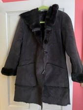 Vintage House Of Fraser Black Suede Faux Fur Coat, Size 10 - Immaculate