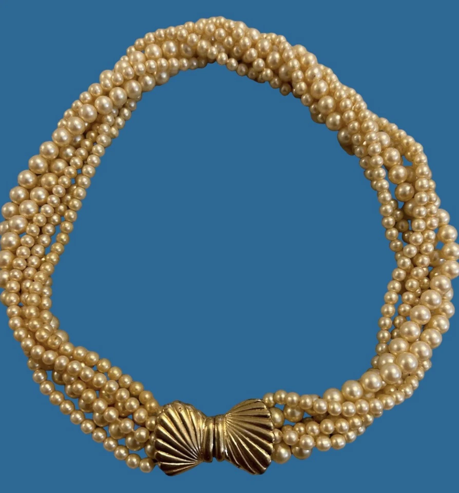 Винтажный TRIFARI жемчуг 6 нитей ожерелье золотистый подкладка застежки 16» шикарный - Изображение 4 из 4