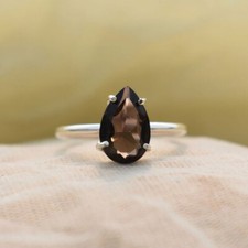 Natural Pear Cut Smoky Quartz 925 Sterling Silver Handmade Wedding Gift Ring
