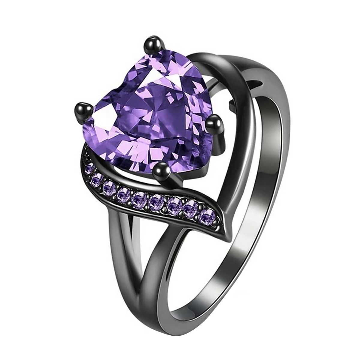【BLACKPURPLE】17mm bijou cubic ring Purple Cubic Zirconia Heart Solitaire Ring Black Stainless