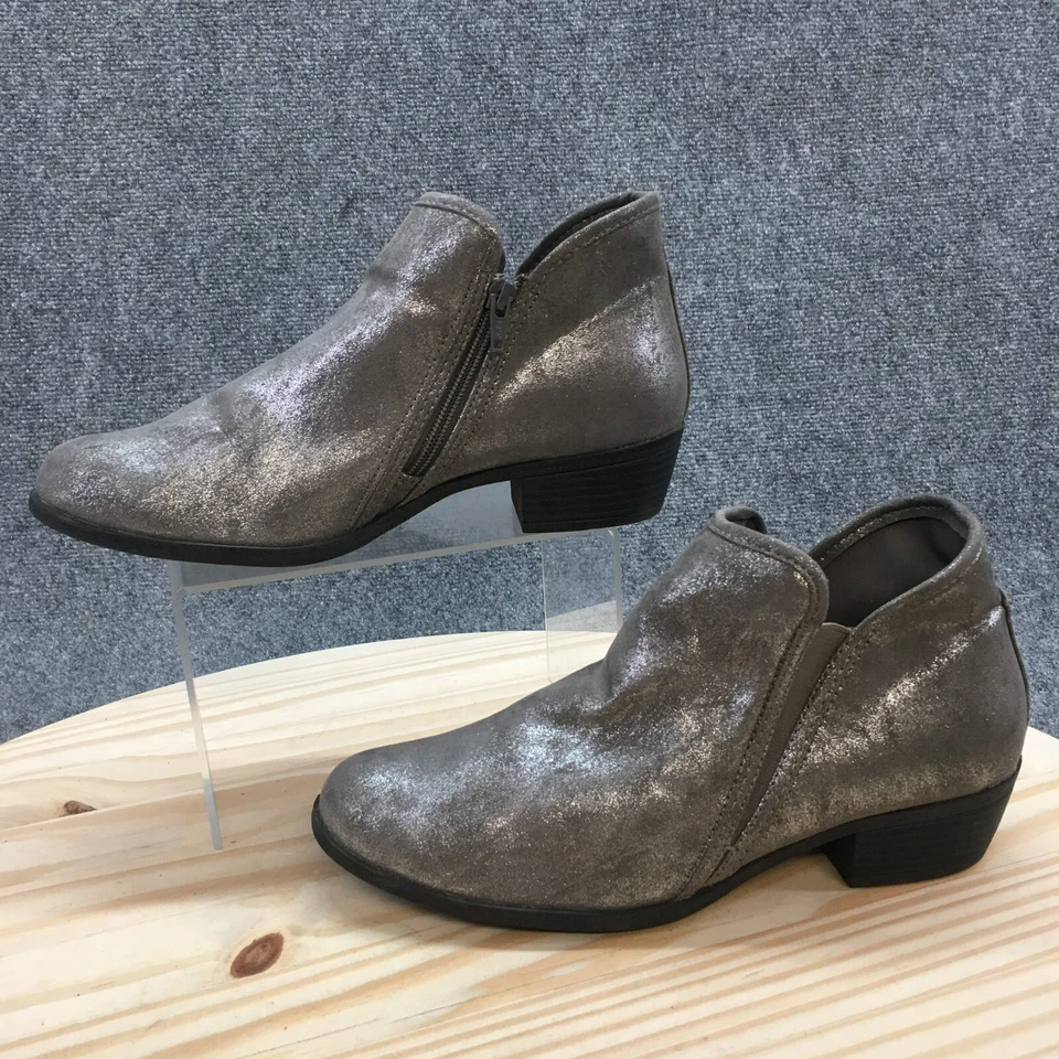 SO 靴子女式 9.5 Meme Pewter 踝靴银色方跟拉链杏仁色 — 第 2/4 张图片