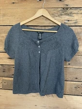  Y2K Gray Knit Cardigan Scoop Neck Puff Sleeve Button Front Softcore Indie Sz M