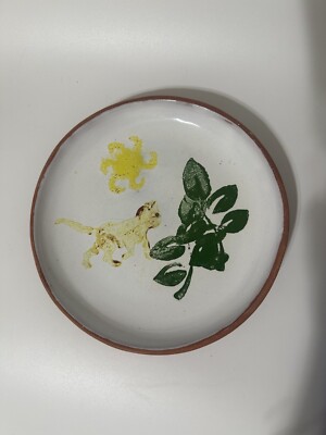 Vintage Clay Plate Hand painted Cat Walking Under The Sun Signed