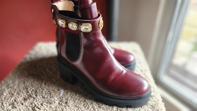 GUCCI Women 35 EU Side Gore Boots Gg Marmont Bijoux Burgundy