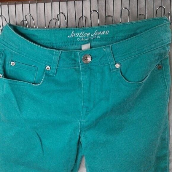 Pantalones de mezclilla Justice Jeans para niñas Capri verde turquesa elásticos simplemente bajos talla 12,5 Foto 2 de 4