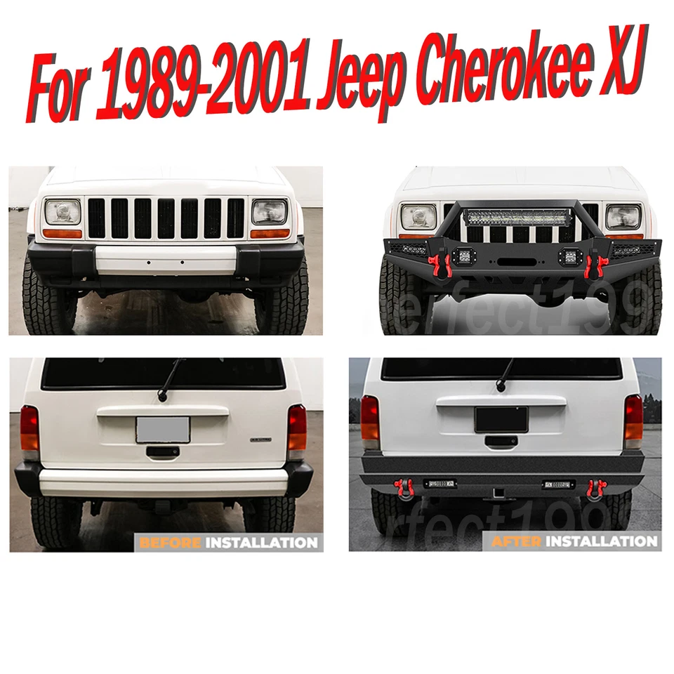 Parachoques delantero trasero para Jeep Cherokee XJ 1989-2001 con luces LED anillos en D asiento de cabrestante Foto 3 de 4