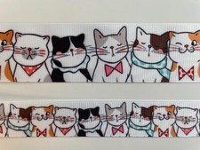 Cute cats smiling whiskers on white Grosgrain ribbon BTY 5/8" 7/8" 1.5"