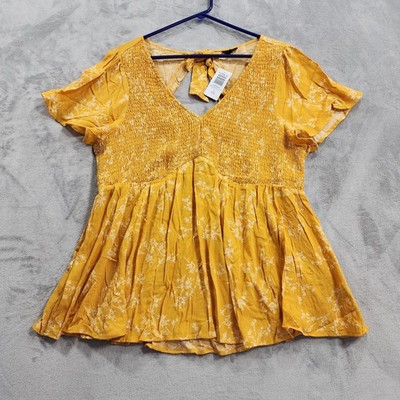NEW Torrid Top Womens 2/2X Yellow Floral Smocked Gauze Flutter Sleeve Tie Bow
