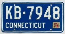 Vintage Connecticut 1972 Blue License Plate KB-7948 in Nice Condition