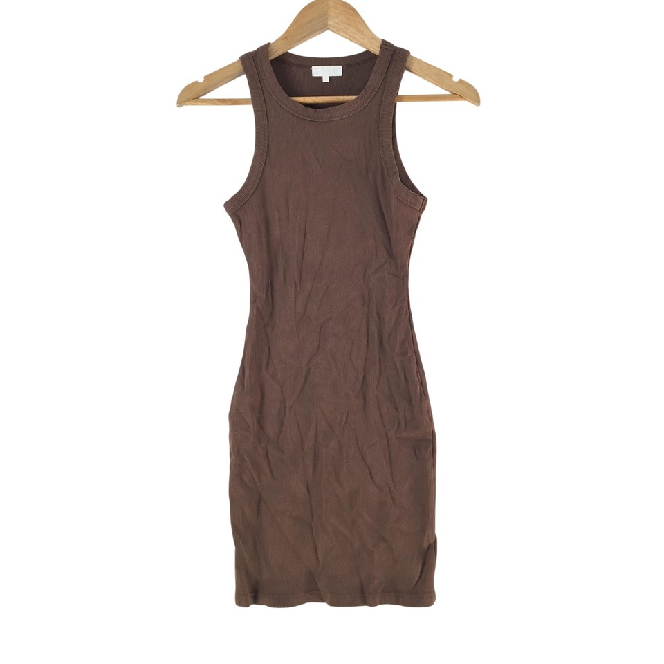 Meshki Dress Womens S Brown Round Neck Sleeveless Rib Knit Bodycon Mini 139451