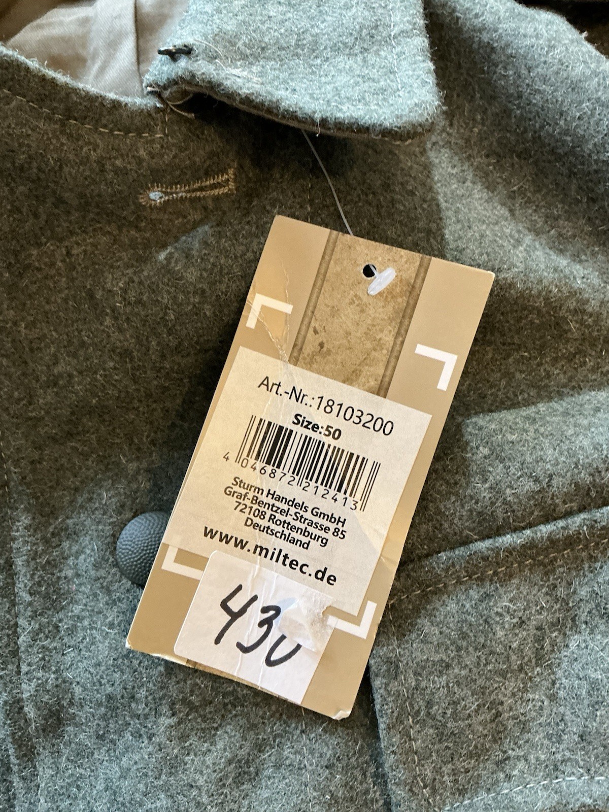 Mil-Tec Jacket Reproduction German Army Wool Size 50 (US Large) New With Tags