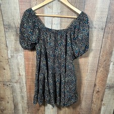 Wild Fable Black Floral Rayon Tiered Mini Dress Puff Sleeve Cottagecore Boho M