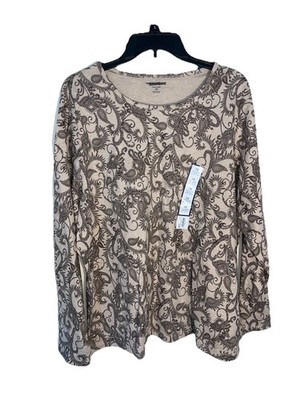 Croft & Barrow 2X Beige 100% Pima Cotton Paisley Long-Sleeve Crewneck Top 