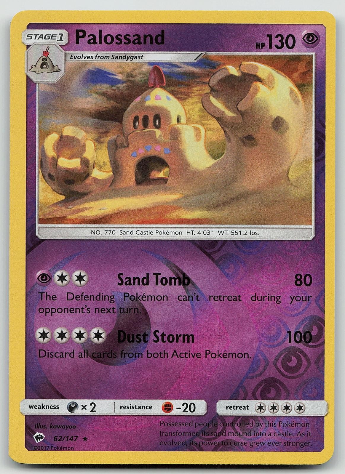 Pokemon Palossand 62/147 Burning Shadows Rare Reverse Holo NM