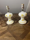 Vintage Floral Hand Painted Milk Glass Bedside Lamps Yellow Flowers Set Of 2