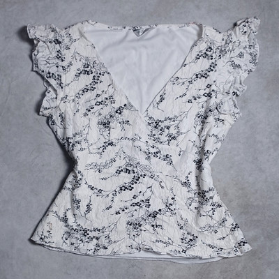 Vintage Damen botanische Spitze Bluse Größe 16 weiß Flatterärmel schmal Fee 90er