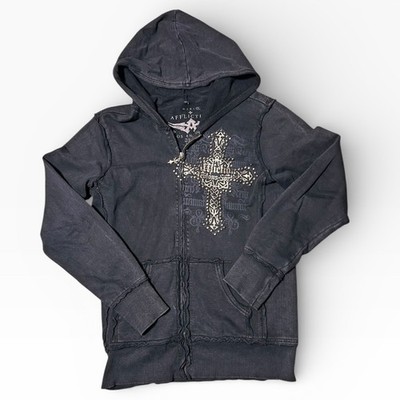 Vintage Affliction Zip Up Hoodie Womens XL Black Cross Wings Distressed Grunge