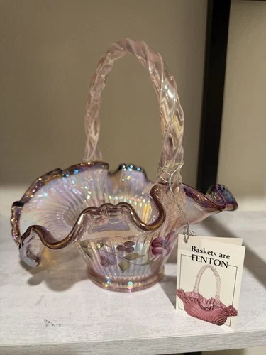 Fenton Morning Glory Hummingbird Iridescent Ribbon Candy Basket Read