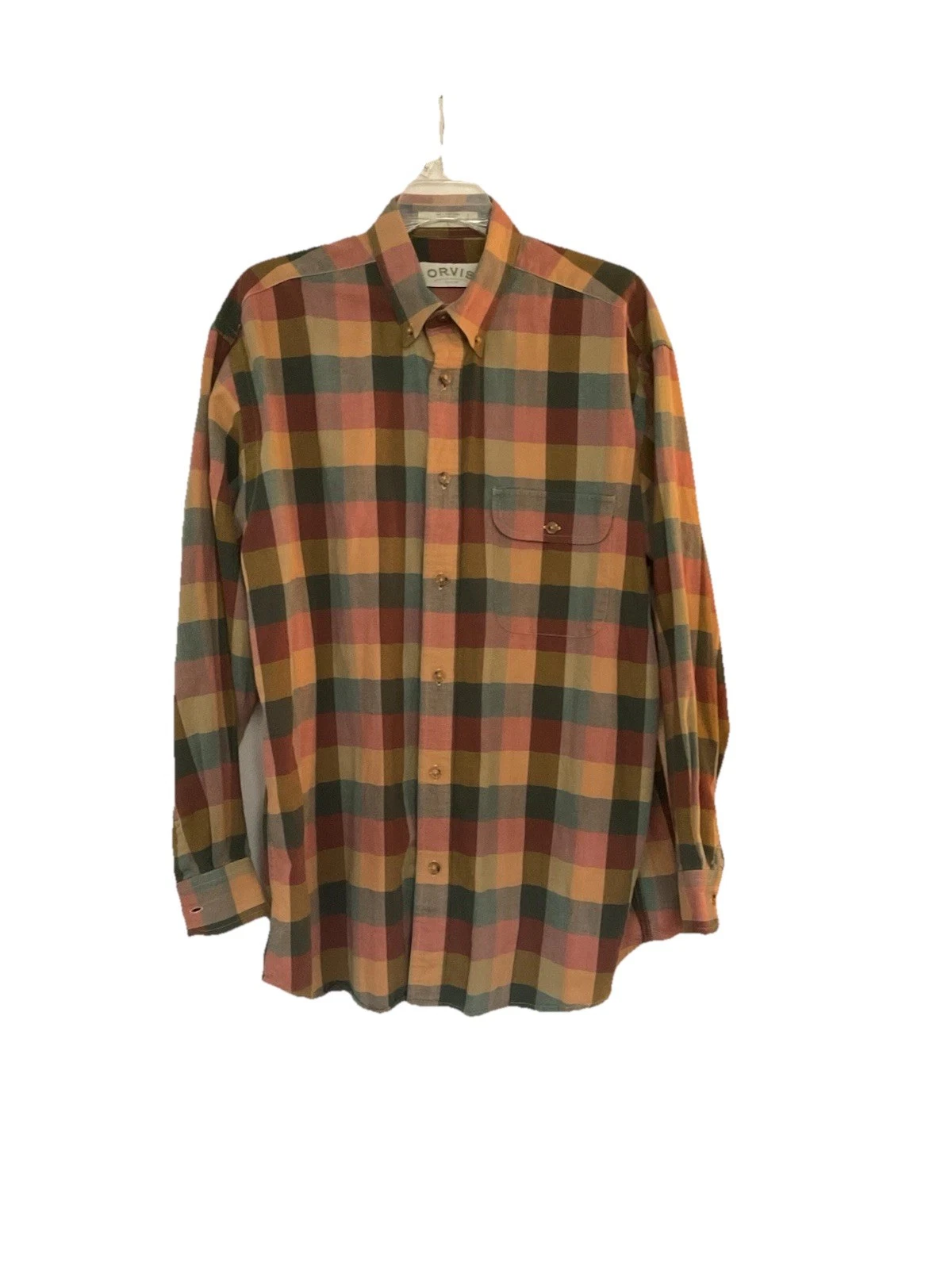 Orvis Long Sleeve Shirt Mens L Plaid Button Down 2 Button Flap Pockets Back Tab