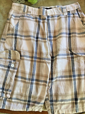 MSH1--AIRWALK MENS vintage CARGO BLUE/TAN PLAID SHORTS    SIZE 30.
