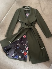 Ted Baker Coat Wool Blend Long Coat Size 2 Size 10 Trench Coat Khaki Olive Green