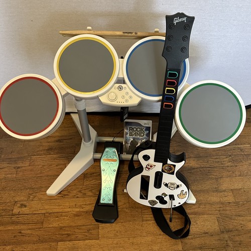 Nintendo Wii Guitar Hero Game Bundle Drum Kit + Guitar RockBand Game