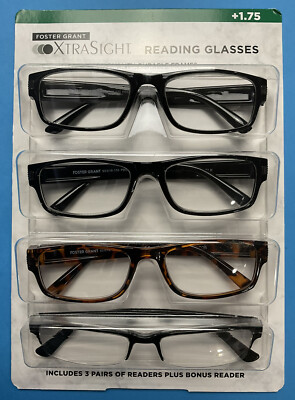 *NEW* 4 Pack Foster Grant XTRA SIGHT (+1.75) Reading Glasses
