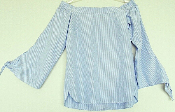 BARDOT off shoulder TOP Pinstripe SHIRT Flared tie cuff sleeves ~ Women sz 8