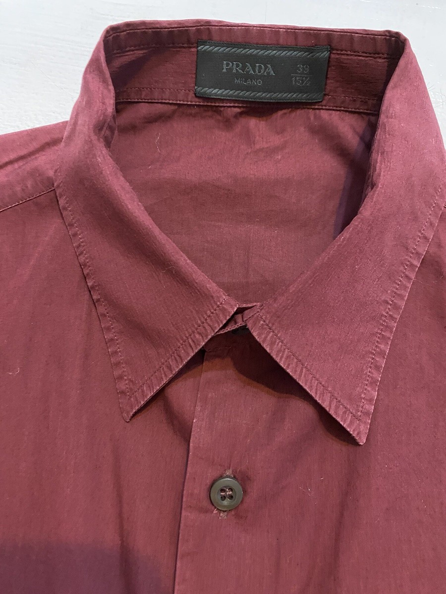 Men's Prada Milano Cotton Long Sleeve Button Up Maroon Shirt Men's Prada Milano Cotton Long Sleeve Button Up Maroon Shirt