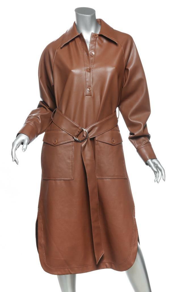 tibi faux leather dress TIBI Womens Brown Faux-Leather Belted Midi Long Sleeve Shirt Dress US4 S NEW