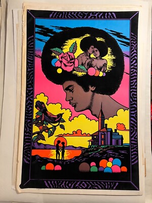 1978 AFRO American Couple flocked Blacklight Poster Beautiful