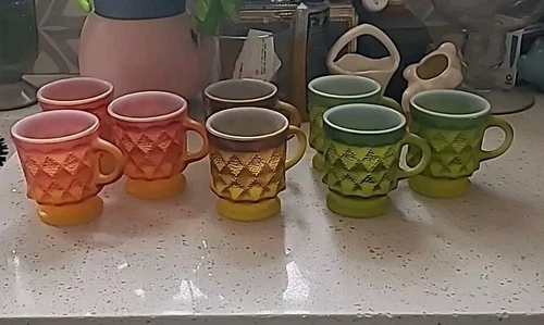 Anchor Hocking  8 Kimberly Fire King Coffee Mugs Diamond Pattern