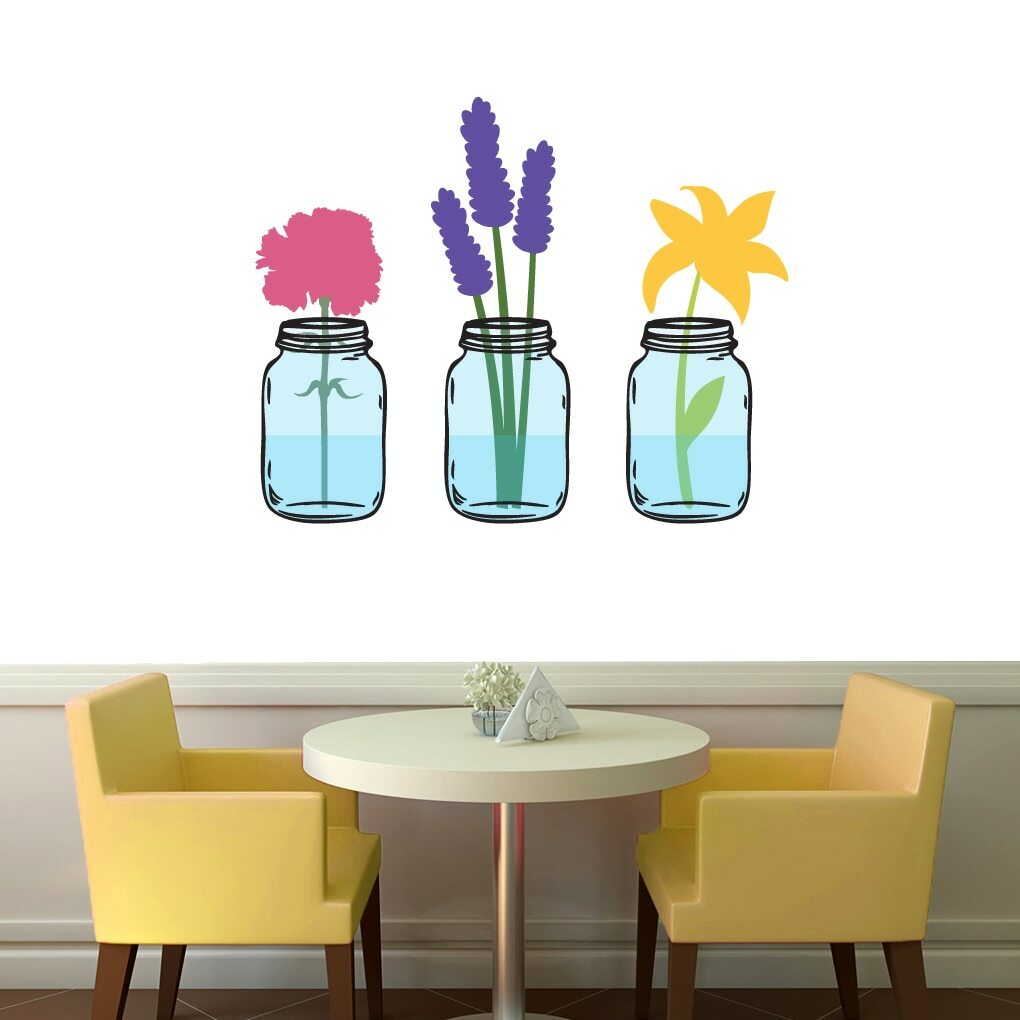 Mason Jar Flowers Printed Wall Decal for Farmhouse Kitchen Dining Decor