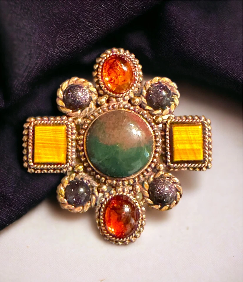 STEPHEN DWECK LATÓN PIEDRA DE SANGRE CABINA OJO DE TIGRE ÁMBAR PIEDRA DECLARACIÓN CELTA Foto 3 de 4