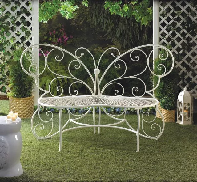 French butterfly white garden bench seat outdoor wrought iron
