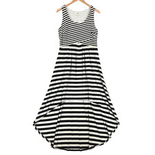 Cato Women's White & Black Rayon Striped Round Neck Hi-Low Pleated Dress Size M