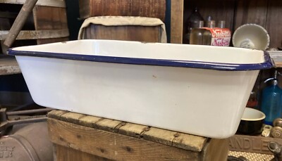 Vintage Enamel Ware Tub Farm House Square Wash Bowl Pan 16 1/2  White Blue