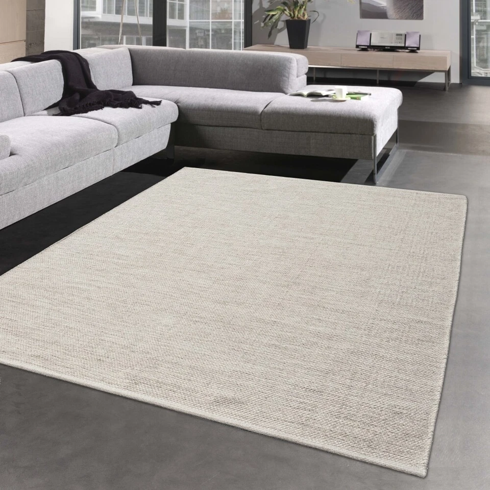 Tapis moderne en laine uni tissé à la main, crème-beige - Photo 1/3