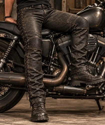 Mens Distressed Black Genuine Leather Biker Pant Side Lace Up Motorcycle Trouser - product listing photo