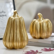 Gold Pumpkin Decor with Stripes, 2Pcs Resin Pumpkins for Decorating, Decorati...