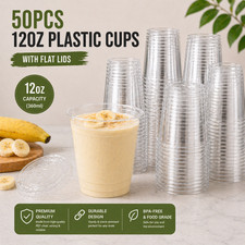 Disposable Plastic Smoothie Milkshake Cups + Lids 12oz 16oz Reusable | 50pcs