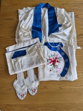 Vintage 1950's Ivory/Blue Satin Japanese Pajama Set Robe Slippers Sz M Boxed