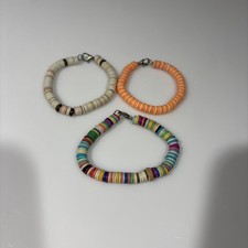 3pc Lot Heishi Bead Bracelets Polymer Clay Disc Boho Surfer Beach Stackable